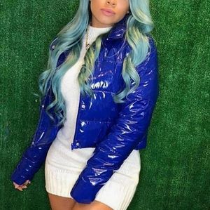 Blue cropped wet look puffer coat size xl new with out tags never used